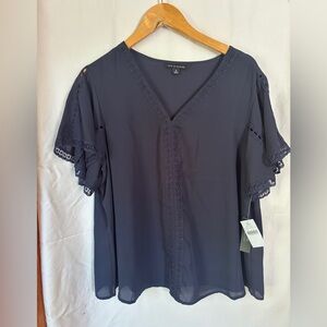 Zac & Rachel Deep Blue Lace Trim Blouse NWT